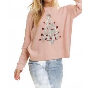 NEW ADORA sequin christmas tree sweater top in pink